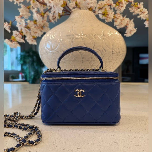 CHANEL Handbags - Chanel Top Handle Vanity Case Blue Gold Hardware